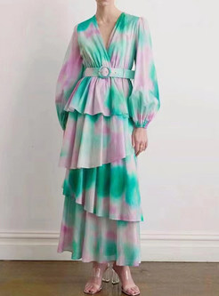 Exclusive Plunging Neck Tie-Dye Blouson Sleeve Long Dresses