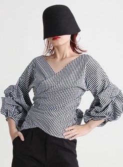 Tight Puff Sleeve Striped Wrap Waist Dressy Tops For Women