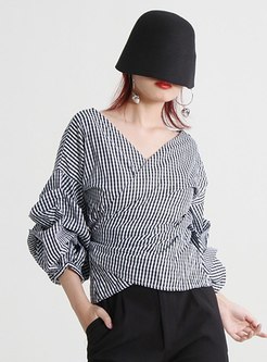 Tight Puff Sleeve Striped Wrap Waist Dressy Tops For Women