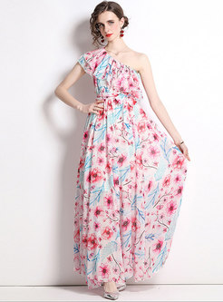 Floral Print One Shoulder Ruffled Tie Waist Maxi Dress