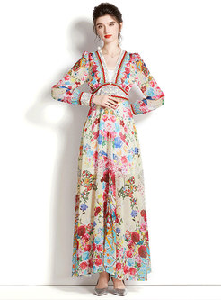 Retro Chiffon Floral Print Maxi Dress
