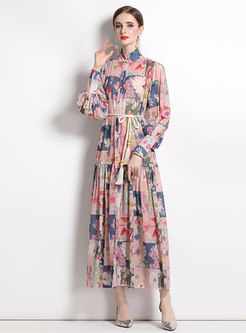 Floral Print Turtleneck Tie Waist Maxi Dress
