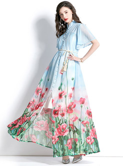 Floral Print Cascading Maxi Dress
