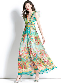 V-neck Short Sleeve Floral Print Maxi Dress