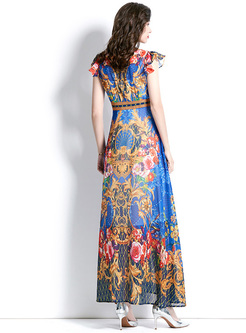 V-neck Short Sleeve Floral Print Maxi Dress