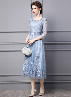 Floral Embroidered Mesh Sheer-Sleeve Bustier Date Dress