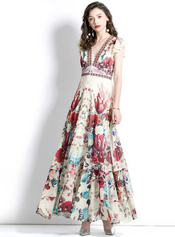 Sweetheart Floral Print Ruffled Sleeve Maxi Dress