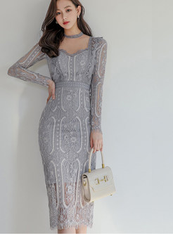 Mesh Sheer-Sleeve Bustier Bodycon Lace Dress