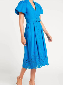 Puff Sleeve Button-Front Corset Lace Dress