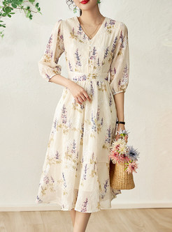 V-Neck Fresh Floral-Print Midi Dress
