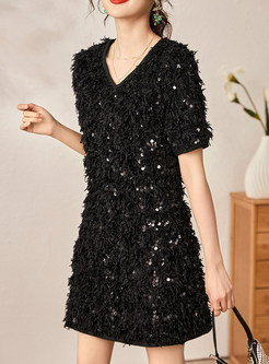 Short Sleeve Feathers Sequin Party Dress