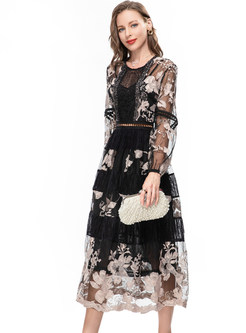 Puff Sleeve Floral Print Midi Dress