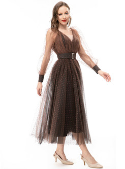 Elegant Mesh Sheer-Sleeve Maxi Dress