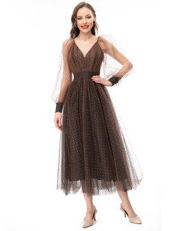 Elegant Mesh Sheer-Sleeve Maxi Dress