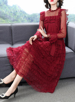 Waist Bow Tied Mesh Sheer-Sleeve Party Dress