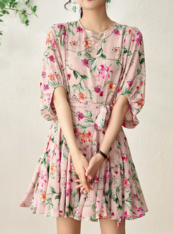 Blurred Floral Batwing Sleeve Flutter Dresses For Women