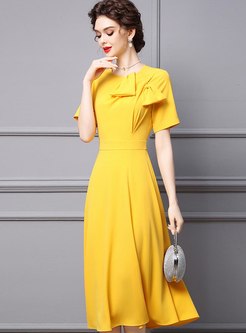 Fashion Bow-Embellished Solid Color Short Sleeve Cocktail Dresses