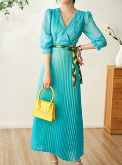 Solid Color V-Neck Pleated Maxi Dresses