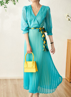 Solid Color V-Neck Pleated Maxi Dresses