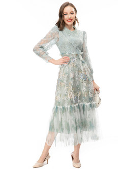 Floral Crochet Ruffled Hem Maxi Lace Dress