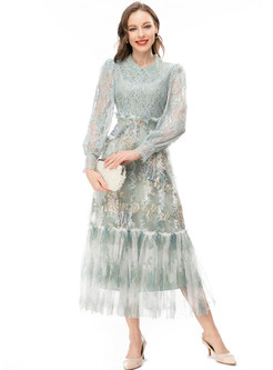 Floral Crochet Ruffled Hem Maxi Lace Dress