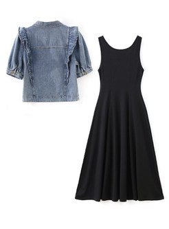 Denim Outwear & Black Strap Midi Dress
