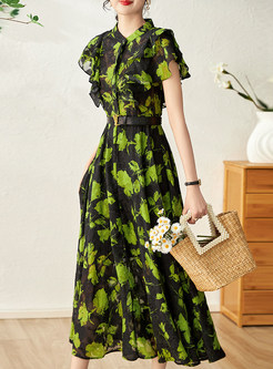 Floral Print Ruffled Sleeve Corset Dress