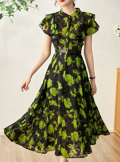 Floral Print Ruffled Sleeve Corset Dress