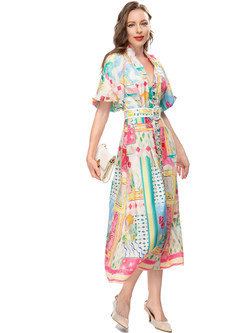 Puff Sleeve Color-Blocked Tie Waist Maxi Dress