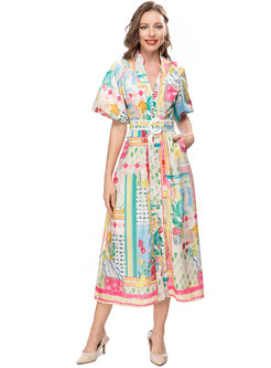 Puff Sleeve Color-Blocked Tie Waist Maxi Dress