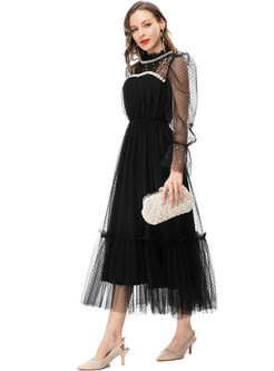 Elegant Mesh Sheer-Sleeve Corset Maxi Dress
