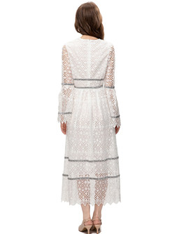 Mesh Sheer-Sleeve White Lace Dress