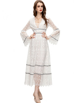 Mesh Sheer-Sleeve White Lace Dress