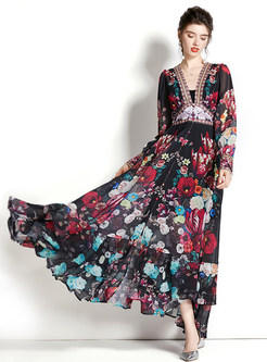 V-Neck Fresh Floral-Print Maxi Dress