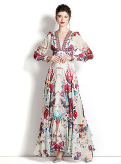 V-Neck Fresh Floral-Print Maxi Dress