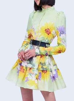Captivated Sunflower Print Mini Bustier Tiered Dress