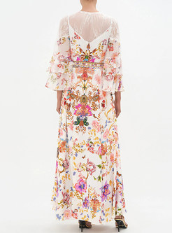 Floral Print Tiered Ruffle Sleeve Beach Dress