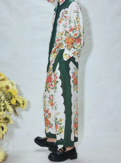 Floral Print Turtleneck Puff Sleeve Suit