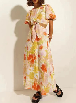 Floral Print Puff Sleeve Waist Hollow Out Maxi Dress