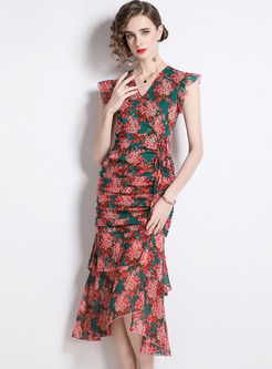 Floral Print Corset Bodycon Asymmetric Dress