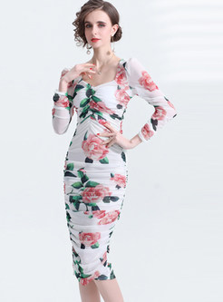 Floral Print Corset Ruffled Bodycon Dress
