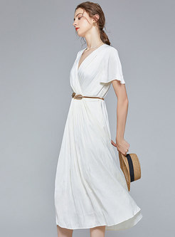 Solid Color Elegant Short Sleeve Midi Dresses