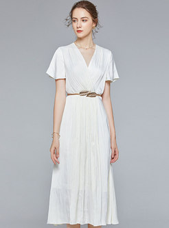 Solid Color Elegant Short Sleeve Midi Dresses