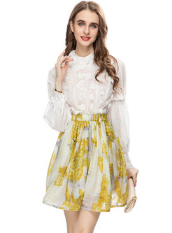 Puff Sleeve White Mini Dress With 3D Flowers