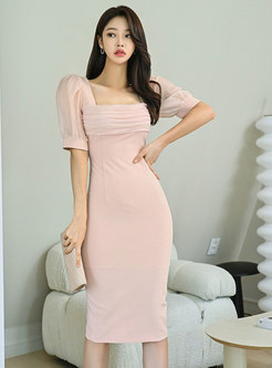 Tight Square Neck Mesh Patch Office Dresses