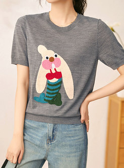 Minimalist Embroidered Animal Knit Short Sleeve Tops For Women