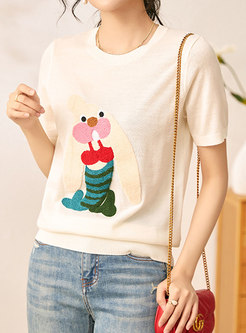 Minimalist Embroidered Animal Knit Short Sleeve Tops For Women