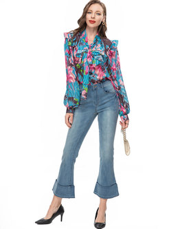 Ruffles Printed Blouses & Jeans For Women