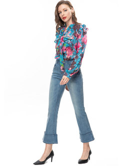 Ruffles Printed Blouses & Jeans For Women