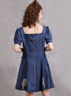 Square Neck Embroidered Short Sleeve Denim Dresses